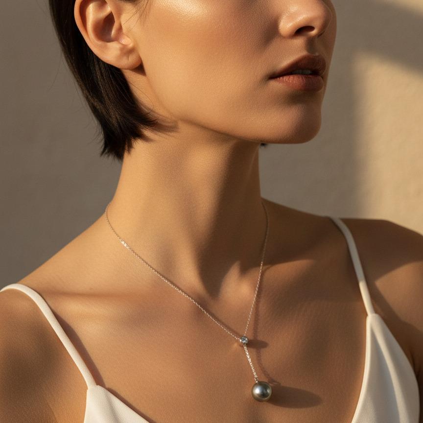 【Classipearls Unique design】Platinum Grey Tahiti size 10-11mm, with a flawless surface and nearly circular body S925 Y-shaped chain beads that can be adjusted in position