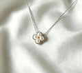 5-6mm four-leaf clover pendant with aurora AK pearl, S925 chain, and 1.5mm silver bead.